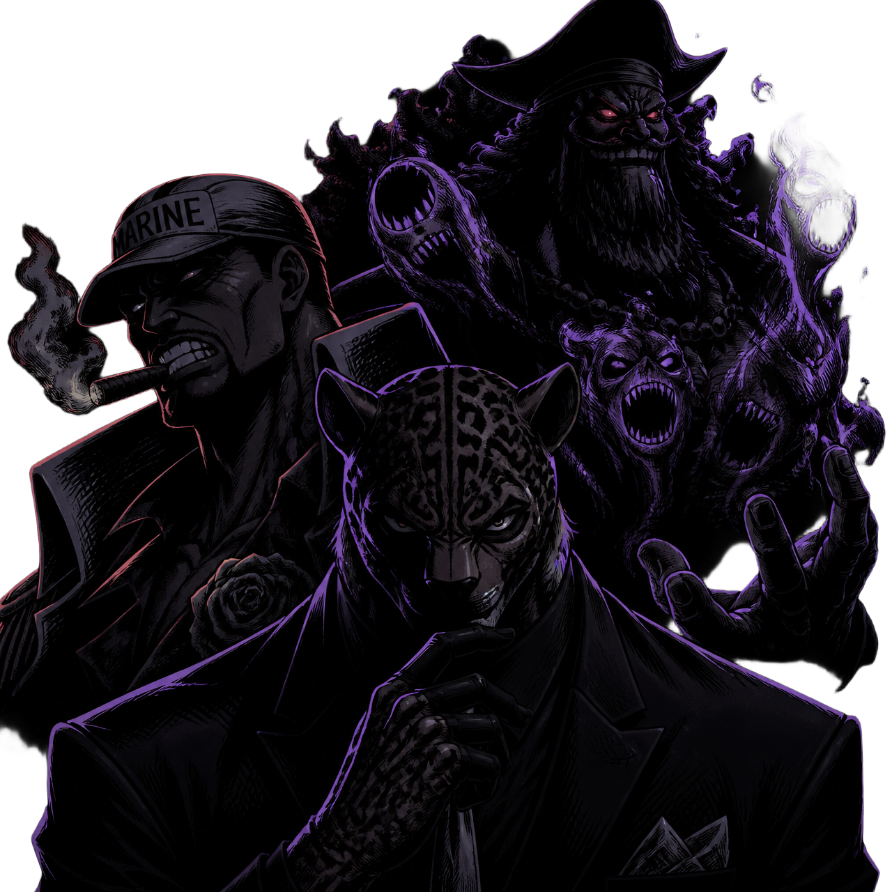 Dark manga-style villain leaders artwork