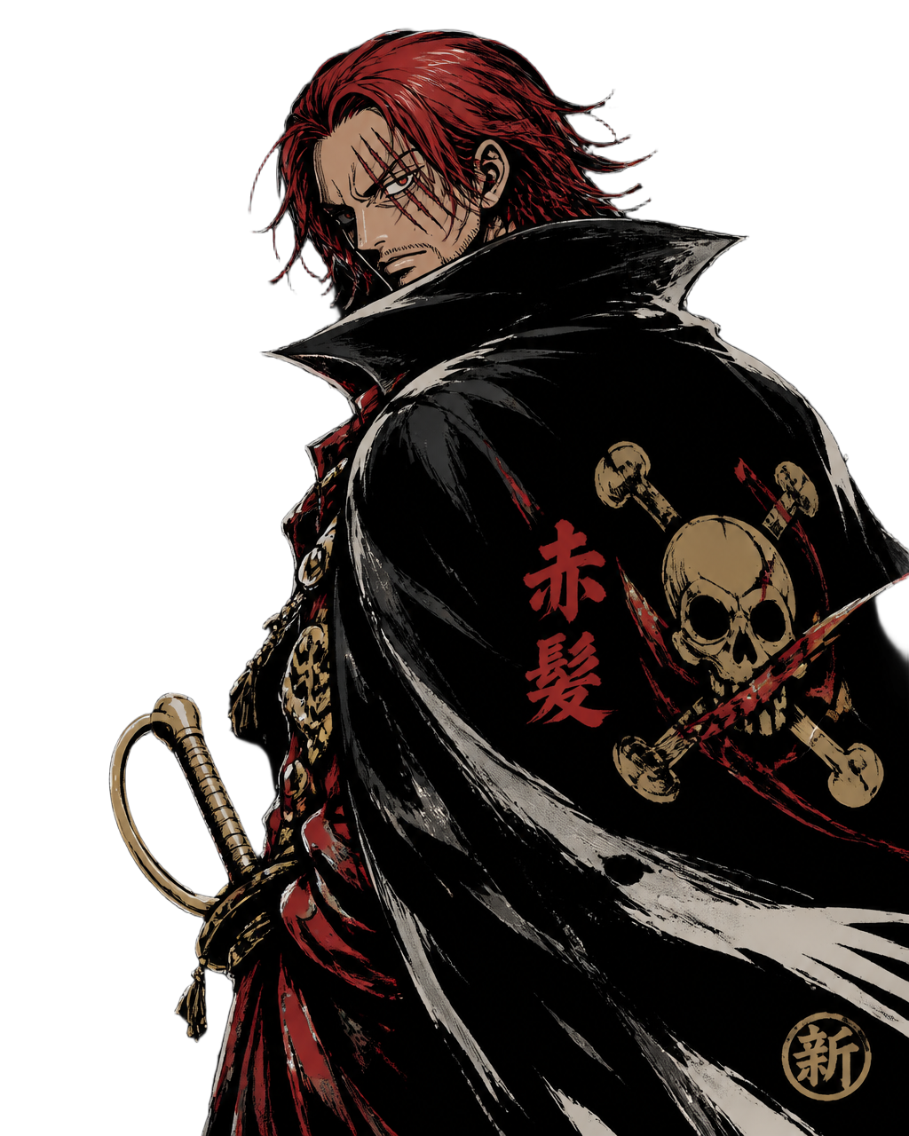 Manga-style red-haired pirate captain artwork
